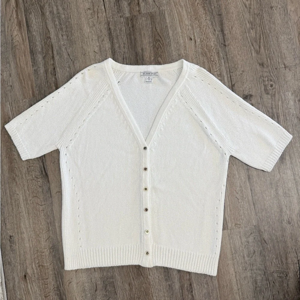 St. John Sport • V-Neck Short Sleeve Knit Cardigan - Picture 2 of 12